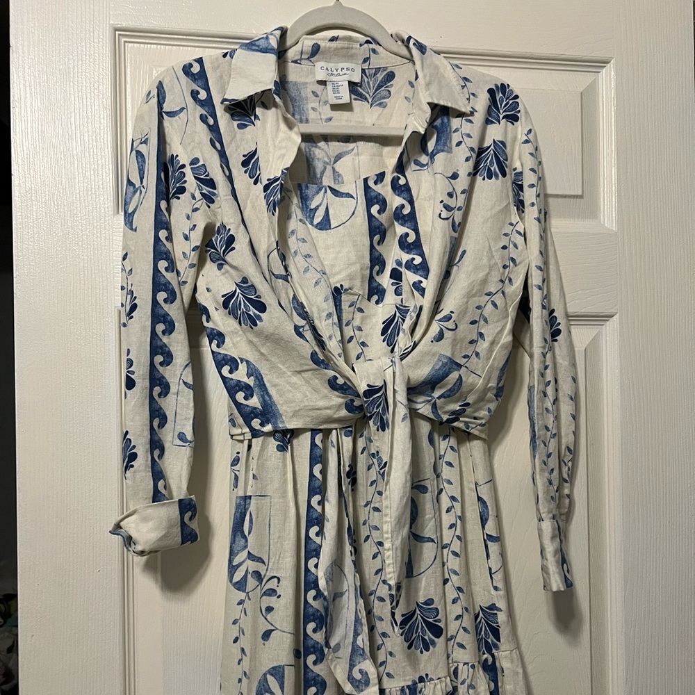 Calypso blue and off white linen strapless dress with matching top